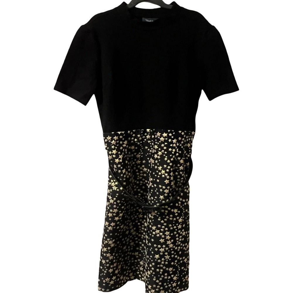 ModCloth Womens Black Gold Star Jacquard Belted Mock Neck Dress Size Small